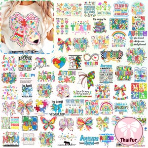 May include: A collection of colorful digital designs featuring puzzle pieces, bows, and text related to autism awareness. The designs include phrases like "Autism Awareness", "It's okay to be different", and "I have a special needs child, but being their mom comes first".