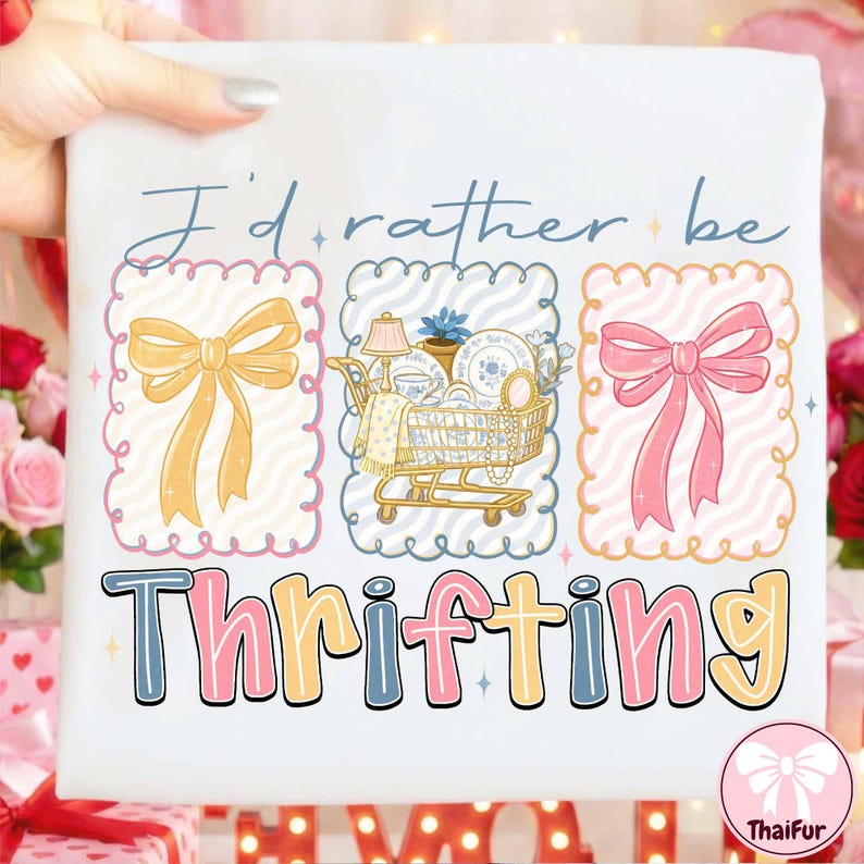 May include: White t-shirt with the text "I'd rather be thrifting." The design includes illustrations of bows and a shopping cart filled with vintage items. The word "Thrifting" is in colorful letters.