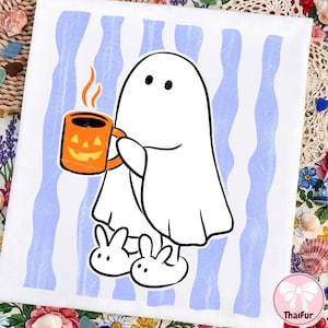 May include: A white fabric square featuring a central illustration of a white ghost wearing white bunny slippers and holding an orange jack-o'-lantern mug with steam rising. The background consists of vertical light blue wavy stripes.