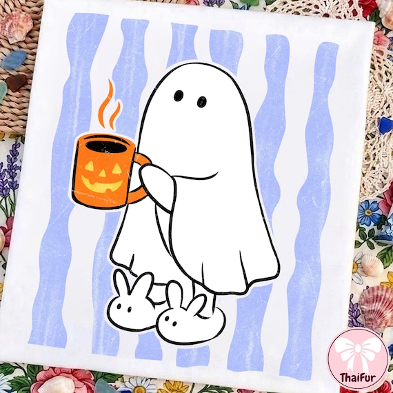Stripe Cute Halloween Ghost Coffee PNG, Black Cat Halloween PNG, Funny Striped Ghost Shirt PNG, Spooky Coffee Design, Digital Download