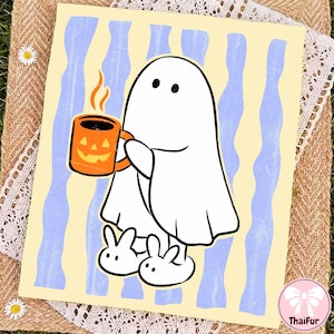 May include: A rectangular print featuring a white ghost character with black eyes, wearing white bunny slippers and holding an orange jack-o'-lantern mug with a steaming beverage. The background is a pale yellow with vertical light blue wavy stripes.