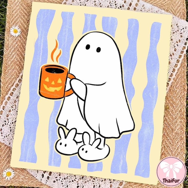 May include: A rectangular print featuring a white ghost character with black eyes, wearing white bunny slippers and holding an orange jack-o'-lantern mug with a steaming beverage. The background is a pale yellow with vertical light blue wavy stripes.