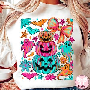 Preppy Neon Halloween Pumpkin Ghost PNG, Coquette Halloween Bow png, Fall Bat Ghost PNG, Girly Spooky Pumpkin Sublimation, Cute Halloween