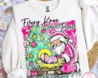Nativity Scene PNG Watercolor Glitter, Baby Jesus Png, Every Knee Shall Bow Christmas Png, Religious Christian Png, Kneeling Santa Holiday