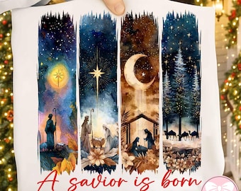 Peut inclure: Tissu blanc avec une illustration à l'aquarelle représentant la scène de la nativité. Le motif comprend une étoile, un croissant de lune et une forêt avec des chameaux. Le texte "A savior is born" est écrit en rouge.