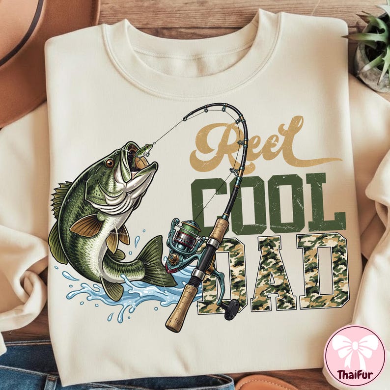 May include: Cream-colored sweatshirt featuring a graphic of a largemouth bass leaping out of water, hooked by a fishing rod. Text reads "Reel Cool Dad" in a mix of fonts and camouflage pattern.