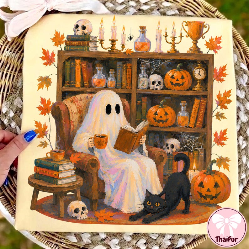 May include: A cream-colored t-shirt featuring a graphic of a ghost sitting in an armchair reading a book, surrounded by bookshelves filled with pumpkins, skulls, candles, potions, and a black cat, all framed by orange autumn leaves.