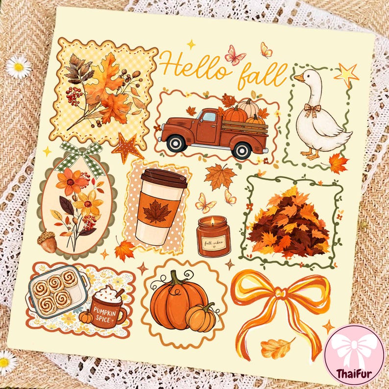 May include: A sticker sheet featuring autumn-themed illustrations including a truck, a goose, a coffee cup, a candle, a pile of leaves, pumpkins, cinnamon rolls, and a bow. The text "Hello fall" is printed in orange script at the top of the sheet.