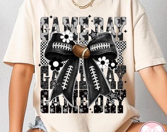 Preppy Coquette Game Day PNG, Football Shirts Design,  Black White Game Day Shirt Design, Checkered Star Football PNG, Retro Sports Png