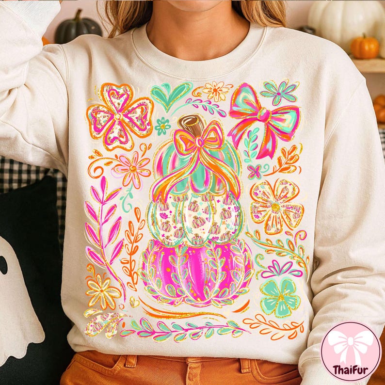 May include: Cream-colored sweatshirt featuring a stacked pumpkin design with a bow and floral accents. The pumpkins are pink, green, and white, with orange and pink bows. Surrounding the pumpkins are colorful flowers and leaves.