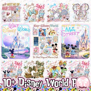 May include: A collection of colorful Disney-themed stickers featuring various characters, castles, and phrases like "Meet Me On Main Street" and "Walt Disney World." The stickers showcase Mickey and Minnie Mouse, along with other iconic Disney elements.