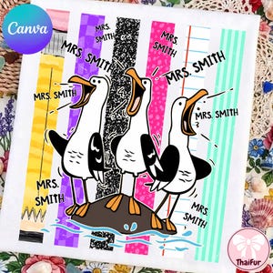 May include: A white rectangular graphic featuring three cartoon seagulls standing on a rock, each with an open beak. The text "MRS. SMITH" is repeated multiple times around the birds. The background consists of vertical stripes in yellow, purple, black, pink, and blue.