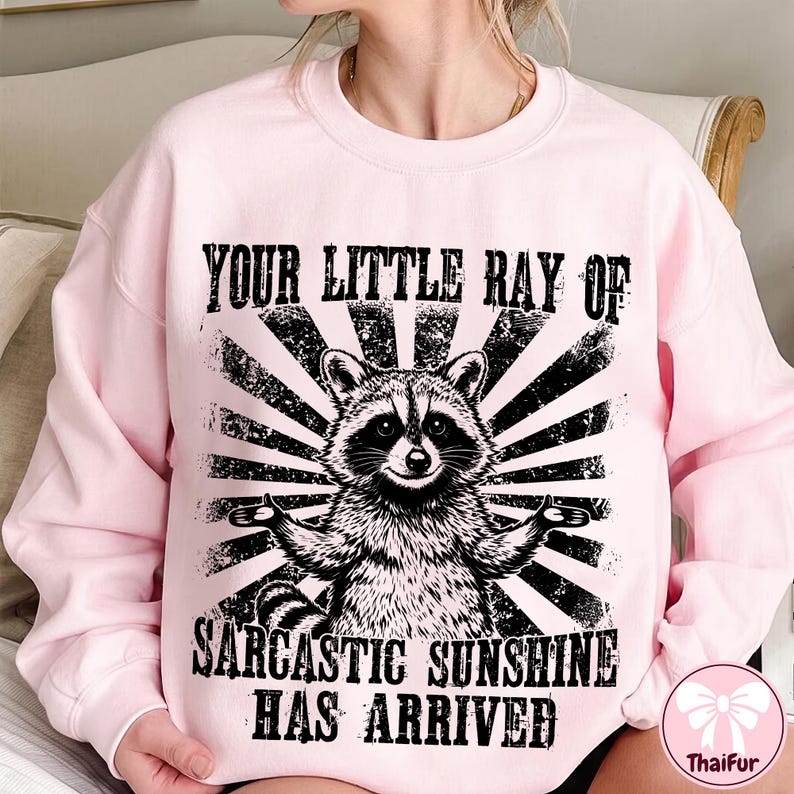 May include: Light pink sweatshirt with a black and white graphic of a raccoon with outstretched arms, set against a sunburst design. The text reads "YOUR LITTLE RAY OF SARCASTIC SUNSHINE HAS ARRIVED."