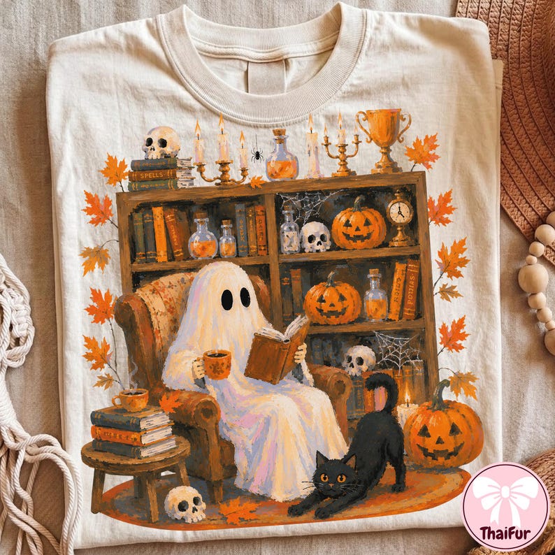 May include: A cream-colored t-shirt featuring a graphic of a ghost sitting in an armchair reading a book and holding a mug. The scene includes a bookshelf filled with pumpkins, skulls, candles, and books, with a black cat and autumn leaves.