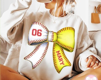 Custom Baseball Softball Bow Png, Softball Mom Shirt With Kids Name & Jersey Number Png, Game Day Png, Softball Mama Png, Baseball Coquette