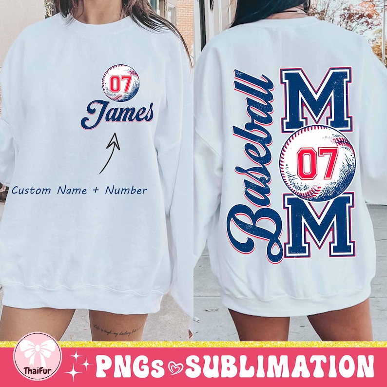 May include: White sweatshirt with a baseball design. The front of the sweatshirt has a baseball with the number 07 and the name "James" above it. The back of the sweatshirt has the word "Baseball" with the number 07 in a baseball and the word "Mom" above it.