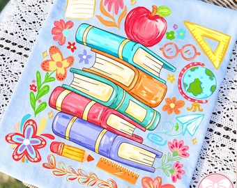 Book Teacher PNG, Floral Pencil Teacher PNG, Back To School Design, Boho Floral Teacher Sublimation, 1st Day of School Brushstroke PNG