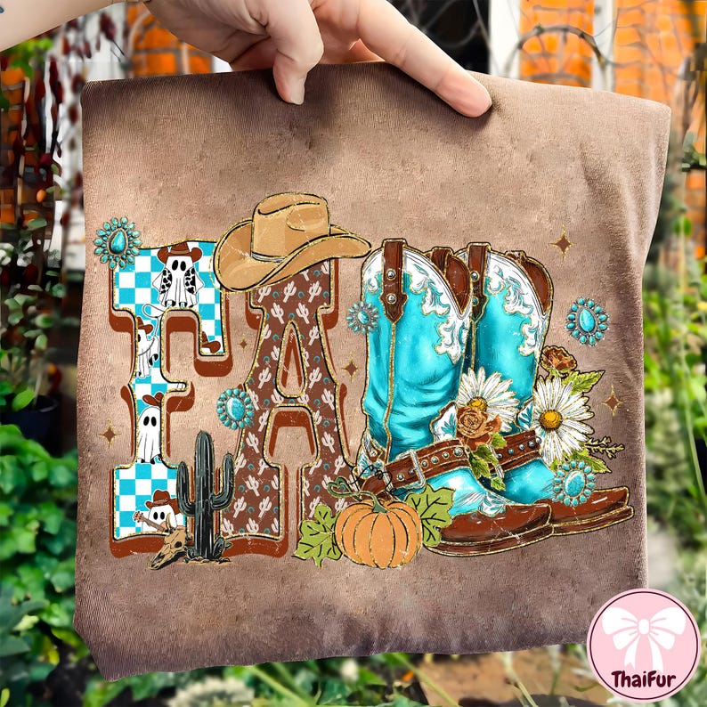 May include: A brown canvas with the word "FA" in a western-themed design. The "F" is blue and white checkered with ghost cowboys. The "A" is brown with cactus designs. Turquoise cowboy boots, a cowboy hat, and a pumpkin are also featured.