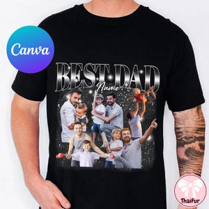Peut inclure: T-shirt noir avec un collage photo et le texte "BEST DAD Name". Le collage pr&eacute;sente un homme avec des enfants. Le t-shirt a un col rond et des manches courtes.
