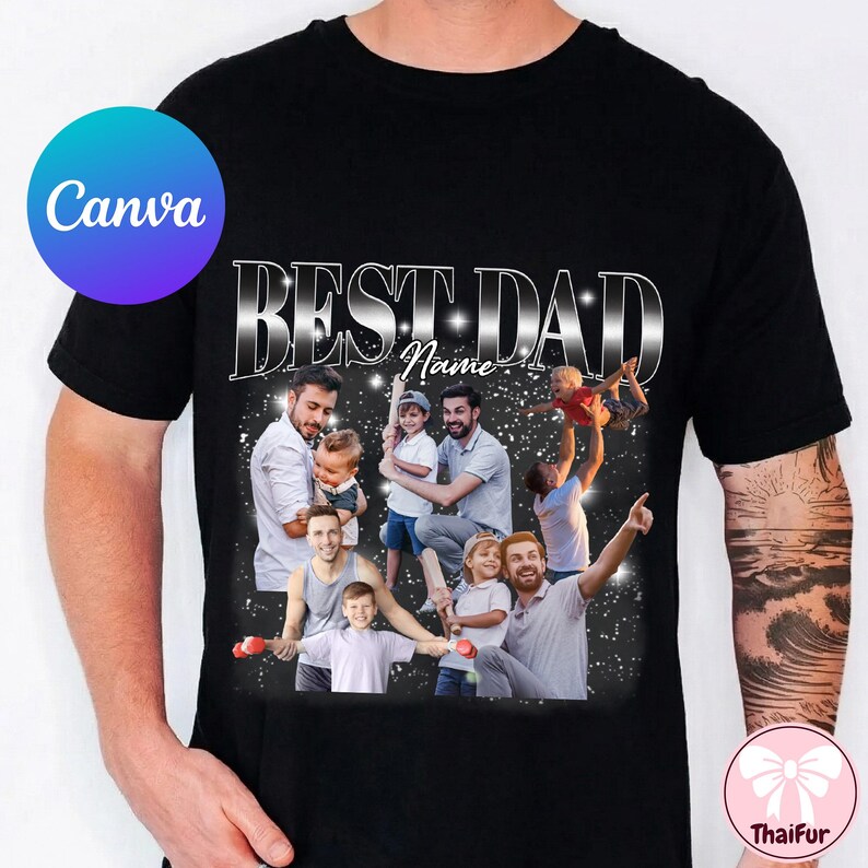 Peut inclure: T-shirt noir avec un collage photo et le texte "BEST DAD Name". Le collage pr&eacute;sente un homme avec des enfants. Le t-shirt a un col rond et des manches courtes.