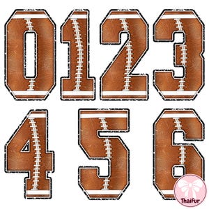 May include: A set of football-themed numbers 0 through 6, each with a distressed brown leather texture and white stitching. The numbers are outlined in black with a worn effect, suitable for sports-themed crafts or designs.