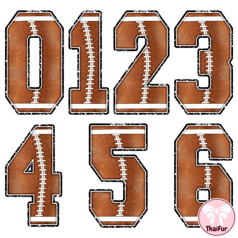 May include: A set of football-themed numbers 0 through 6, each with a distressed brown leather texture and white stitching. The numbers are outlined in black with a worn effect, suitable for sports-themed crafts or designs.