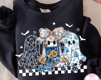 Retro Halloween Blue Denim Ghost Png, Trendy Patchwork Spooky Ghost Png, Cute Boo Ghost Coquette Png, Fall Pumpkin Png, Spooky Season Png