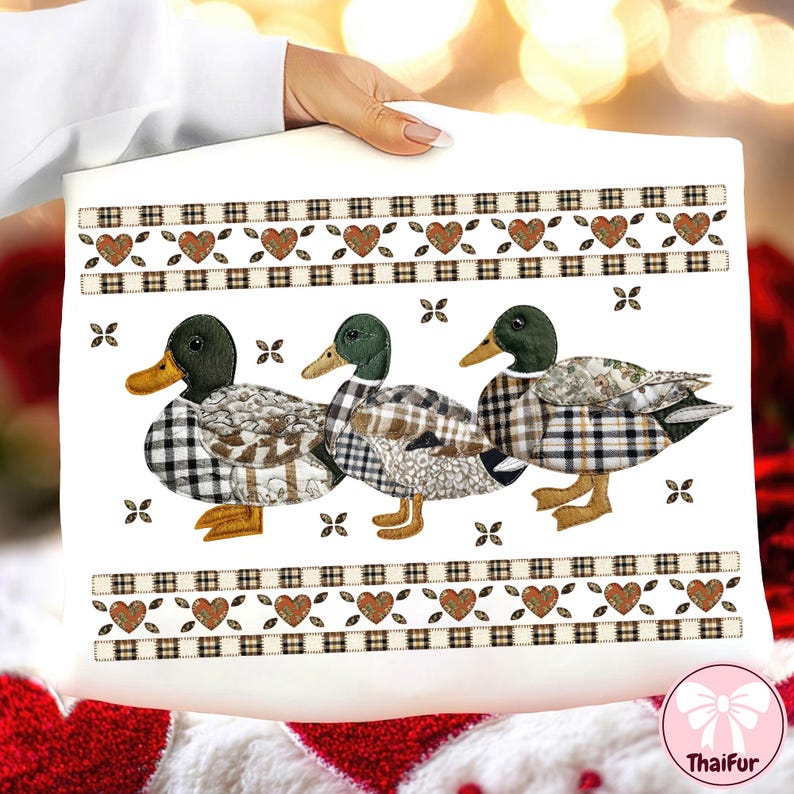 May include: White decorative pillow featuring three ducks with plaid patterned bodies and green heads. The pillow has a border with hearts and plaid accents. The ducks have yellow beaks and are set against a white background.