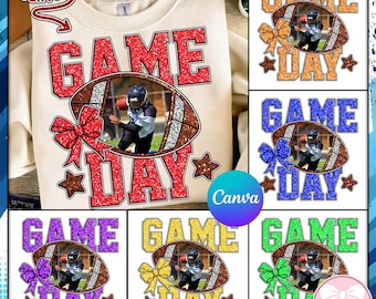 May include: A cream-colored sweatshirt with the words "GAME DAY" in red glitter lettering. A football-shaped graphic with a photo of a football player is in the center. Additional graphics include a red bow and brown stars.