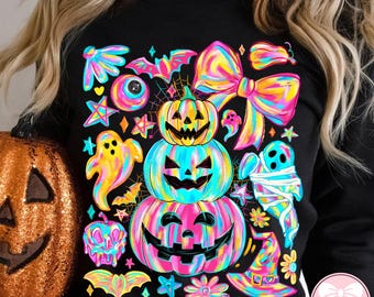 Neon Colorful Pumpkin Ghost PNG, Preppy Coquette Halloween Bow Png, Fall Bat Ghost PNG, Cute Spooky Season PNG, Trendy Halloween Clipart