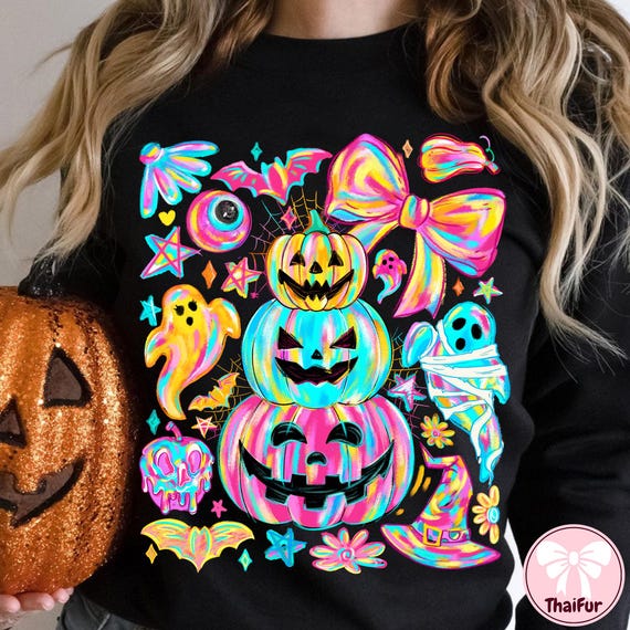 Neon Colorful Pumpkin Ghost PNG, Preppy Coquette Halloween Bow Png, Fall Bat Ghost PNG, Cute Spooky Season PNG, Trendy Halloween Clipart