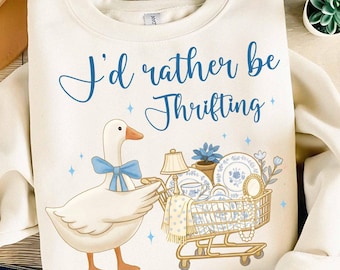 I’d Rather Be Thrifting PNG, Retro Thrift Aesthetic Shirt Design, Blue Gold Vintage Decor Cart, Boutique Style Digital Download