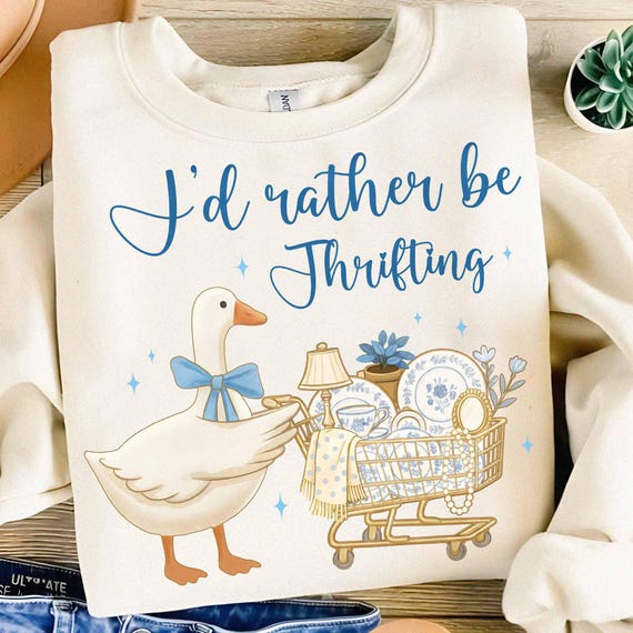 I’d Rather Be Thrifting PNG, Retro Thrift Aesthetic Shirt Design, Blue Gold Vintage Decor Cart, Boutique Style Digital Download