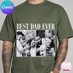 Può includere: Una t-shirt a maniche corte color verde oliva con la scritta bianca BEST DAD EVER sopra un collage di quattro fotografie verticali in bianco e nero che ritraggono vari momenti di un genitore che interagisce con i figli piccoli.