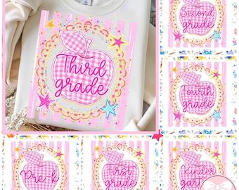 Preppy Teacher Apple Png Bundle, Pink Gingham Stripes PNG, Pre-K To Fourth Grade Design, Back To School Png, First Day Of School Png