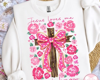 Boho Preppy Jesus Loves Me This I Know PNG, Retro Valentine Shirt Design, Cute Valentine's Day PNG, Pink Valentine Love Bow PNG