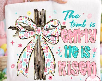 He Is Risen PNG PNG, Coquette Christian Wildflower Easter Design, Trendy Jesus Cross Shirt PNG, Spring Religious Sublimation