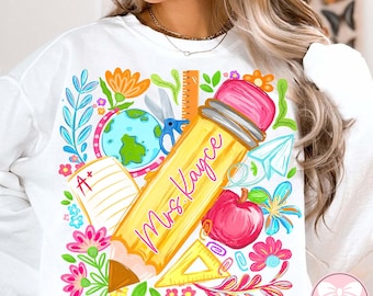 Custom name Teacher Png, Floral Teacher Pencil PNG, Teacher Back To School Png, Boho Floral Teacher Png, Brushstroke 1st Day Of School Png