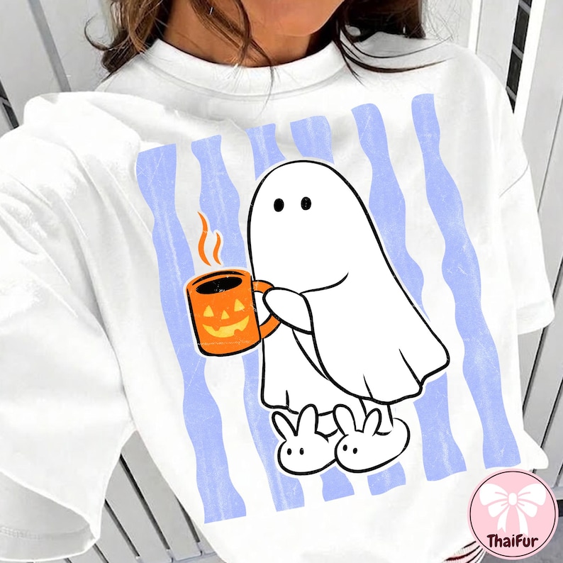Stripe Cute Halloween Ghost Coffee PNG, Black Cat Halloween PNG, Funny Striped Ghost Shirt PNG, Spooky Coffee Design, Digital Download image 3