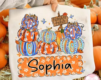 Cute Pumpkin Patch PNG, Personalized Thanksgiving Kids Design, Custom Name Fall Pumpkin PNG, Brushstroke Autumn PNG for Girls Sublimation