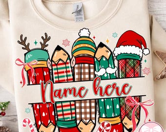 Custom Christmas Teacher Name Png, Preppy Floral Christmas Teach Png, Xmas Coquette Png, Faux Glitter Girly Xmas, Christmas Teacher