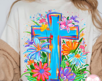 Lente bloemen kruis geloof png, trendy Jezus-shirt png, christelijk pasen png, preppy geloof shirtontwerp, bijbelvers png