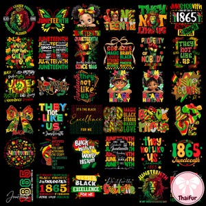 May include: A collection of Juneteenth-themed graphics with various designs and text. The images feature vibrant colors like red, green, and yellow, with text such as "Black History," "1865," and "Juneteenth." The designs include butterflies, portraits, and graphic elements.