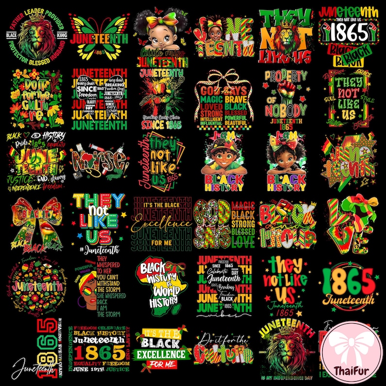 May include: A collection of Juneteenth-themed graphics with various designs and text. The images feature vibrant colors like red, green, and yellow, with text such as "Black History," "1865," and "Juneteenth." The designs include butterflies, portraits, and graphic elements.