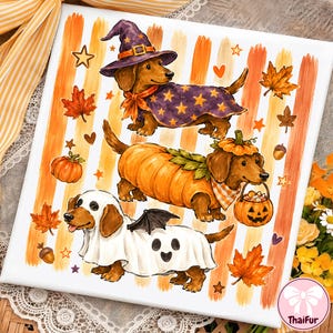 May include: A square decorative sign featuring three brown dachshunds in Halloween costumes against a background of vertical orange and yellow stripes. One dog wears a purple star-patterned witch hat and cape, one is dressed as a pumpkin, and one wears a ghost sheet.