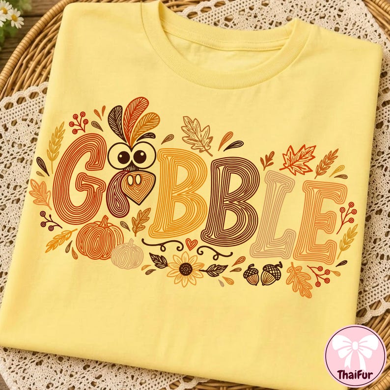 May include: A light yellow t-shirt featuring a graphic print with the text GOBBLE in large, multi-colored, line-art style letters. The design includes a turkey face, pumpkins, autumn leaves, sunflowers, and acorns in shades of orange, brown, and gold.