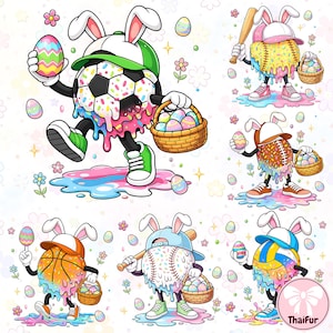 May include: A collection of cartoon illustrations featuring sports balls with bunny ears, holding Easter eggs and baskets. Each ball is decorated with colorful icing and sprinkles, with a unique sports theme: soccer, baseball, basketball, football, and volleyball.