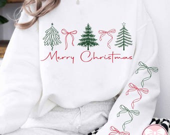 Merry Christmas Bow and Tree Sleeve Png Svg, Retro Tree SVG, Merry and Bright PNG, Cute Festive Shirt SVG, Coquette Christmas Png Design