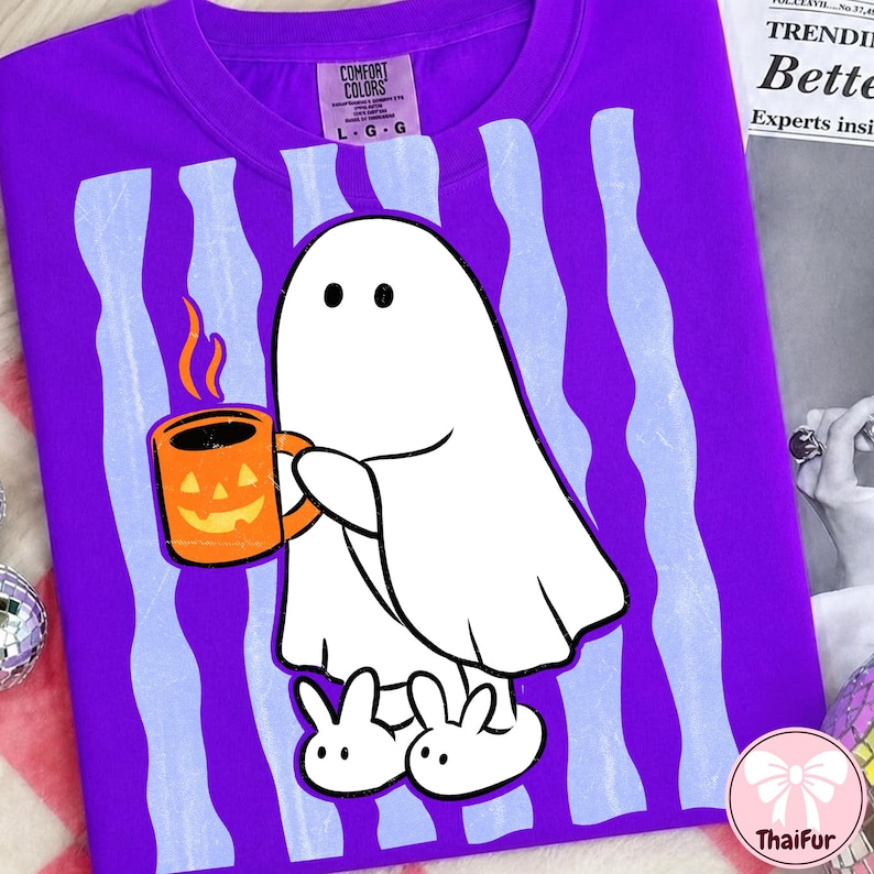 Stripe Cute Halloween Ghost Coffee PNG, Black Cat Halloween PNG, Funny Striped Ghost Shirt PNG, Spooky Coffee Design, Digital Download image 6