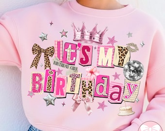 PNG de chica de cumpleaños con estilo preppy, diseño de collage de leopardo rosa coqueto, PNG de camiseta "Es mi cumpleaños", descarga de sublimación de cumpleaños de moda